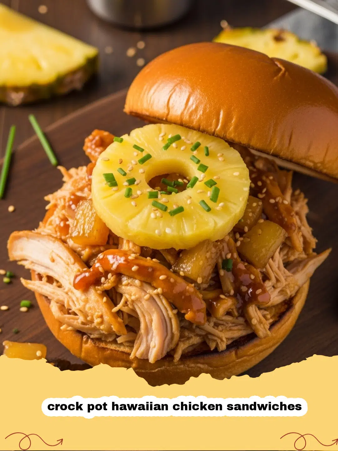 crock pot hawaiian chicken sandwiches - A delicious Crock Pot Hawaiian Chicken Sandwich on a toasted bun with shredded chicken and pineapple.