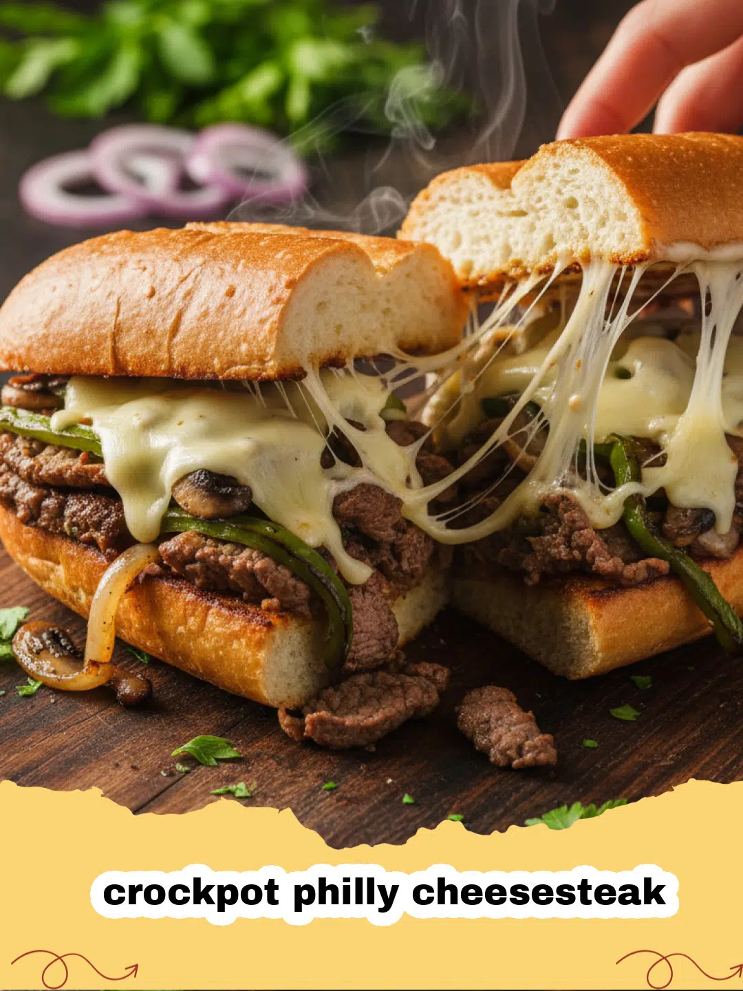 crockpot philly cheesesteak - Close-up of a delicious crockpot Philly cheesesteak sandwich with melted provolone cheese and tender beef, onions, and peppers.