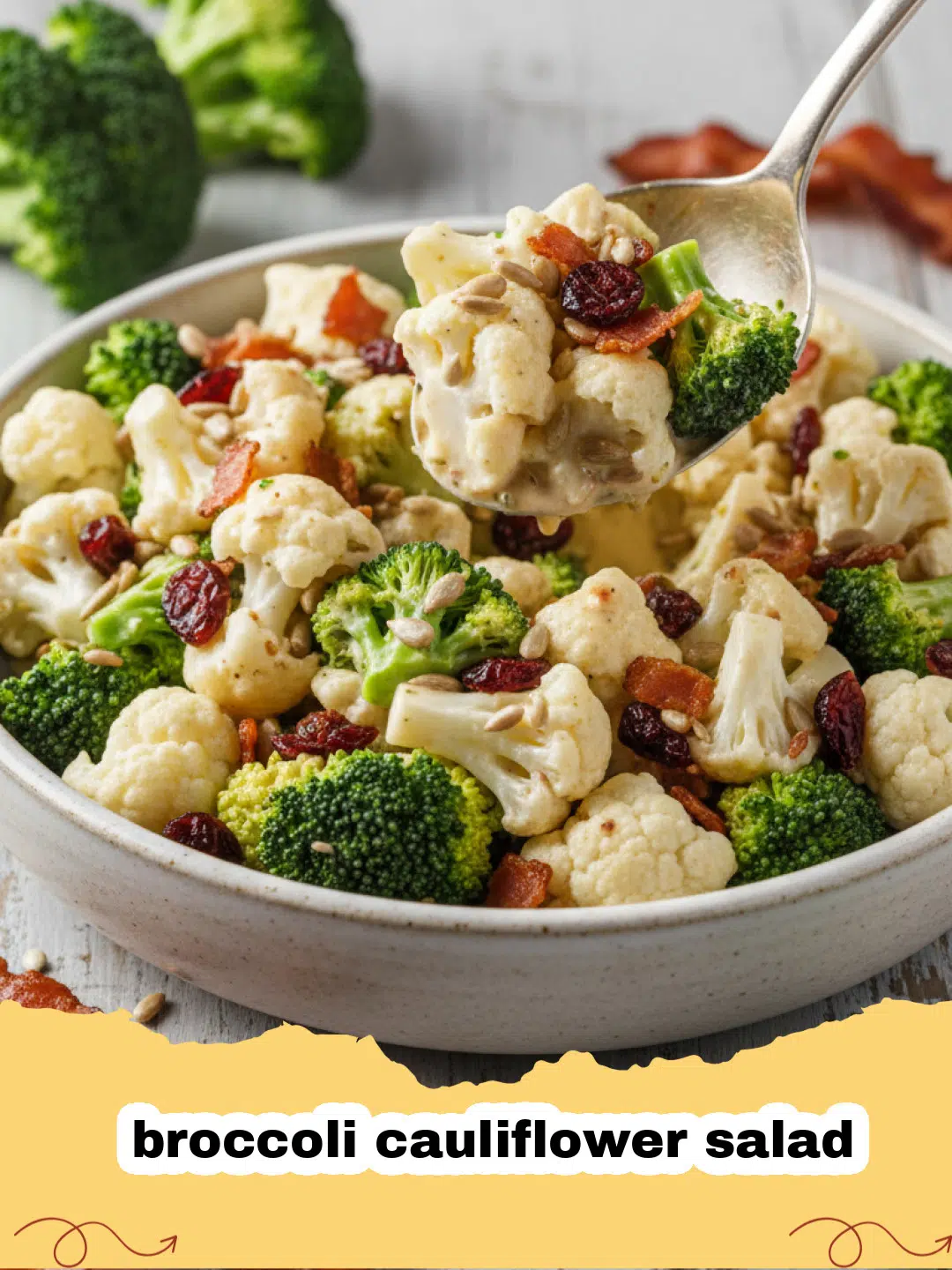 A vibrant and crunchy broccoli cauliflower salad in a large serving bowl, topped with bacon and sunflower seeds.