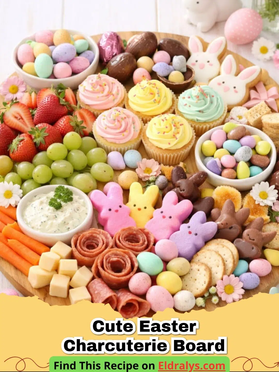 Cute Easter Dessert Charcuterie Board Ideas - A colorful and cute Easter dessert charcuterie board filled with bunny cookies and pastel candy