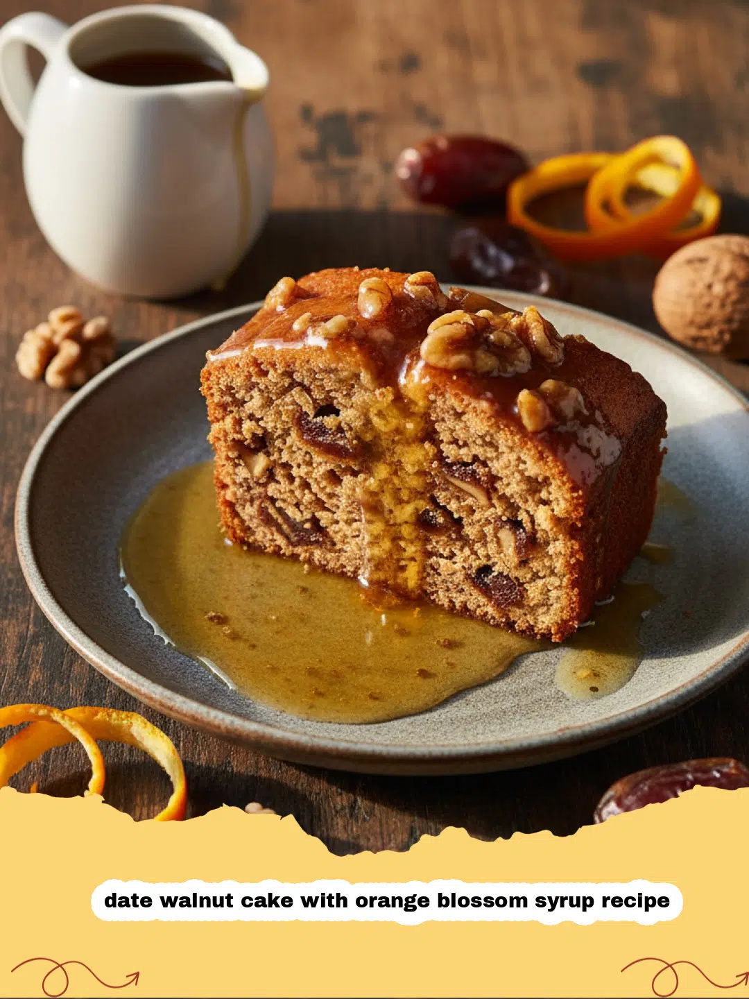 date walnut cake with orange blossom syrup recipe - A moist slice of date walnut cake soaked in orange blossom syrup on a white plate.
