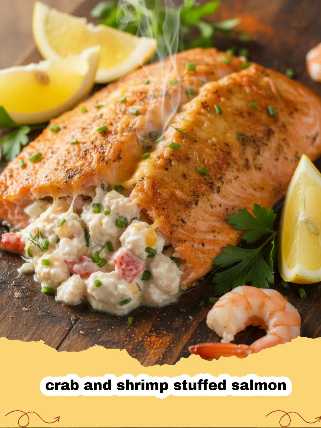 crab and shrimp stuffed salmon - Flaky salmon fillets bursting with a savory crab and shrimp stuffing, garnished with fresh herbs.