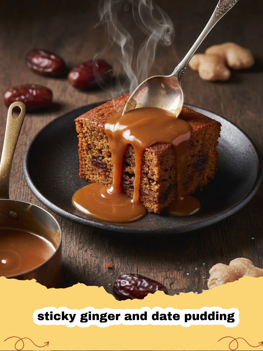 A close-up shot of a slice of sticky ginger and date pudding drenched in toffee sauce.