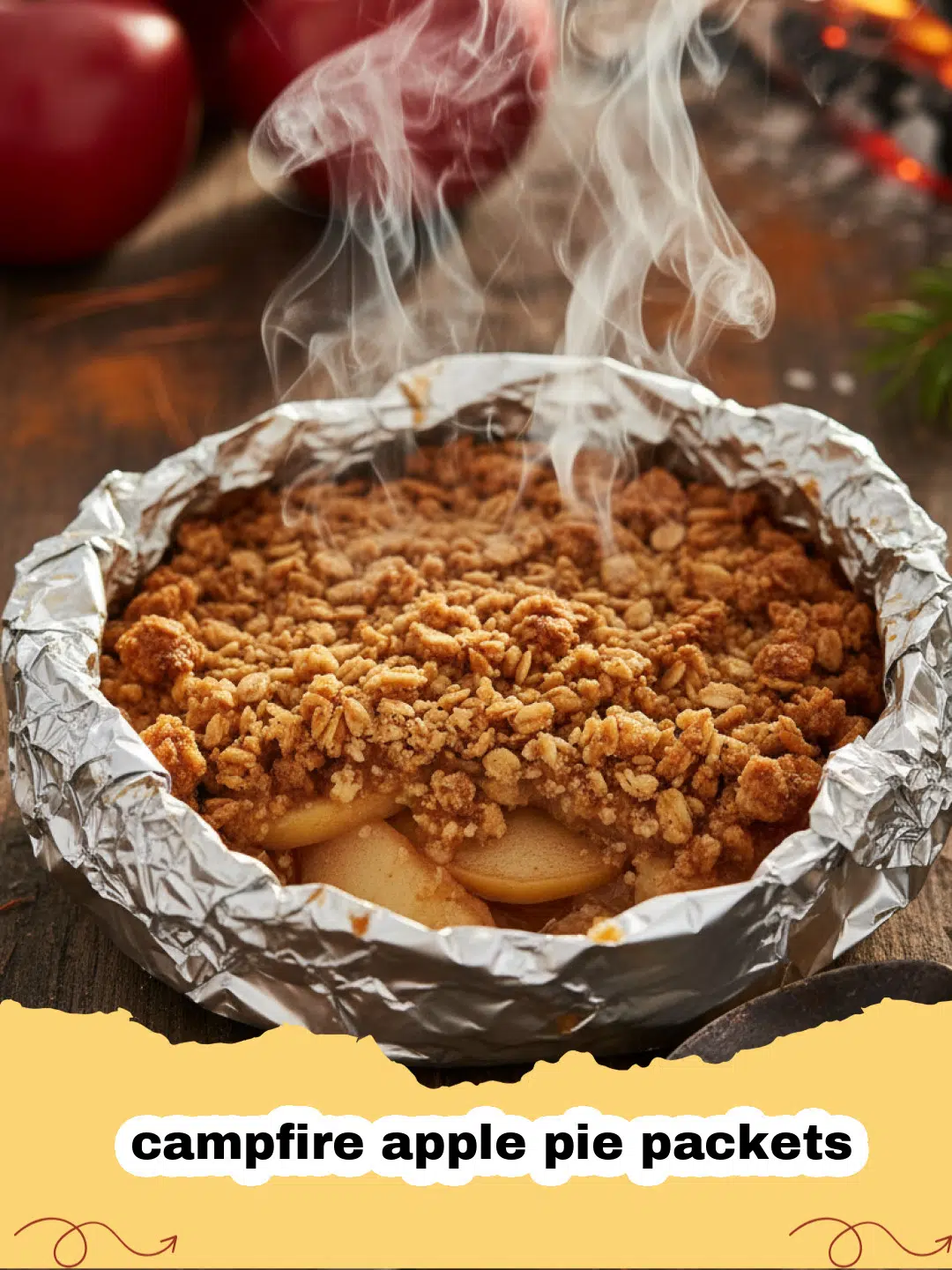 campfire apple pie packets - Close-up of a warm, open campfire apple pie packet with bubbly apple filling and flaky crust.
