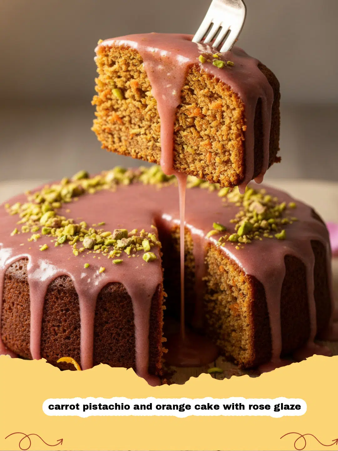 carrot pistachio and orange cake with rose glaze - Slice of Carrot Pistachio and Orange Cake with Rose Glaze on a white plate, garnished with pistachios and rose petals.