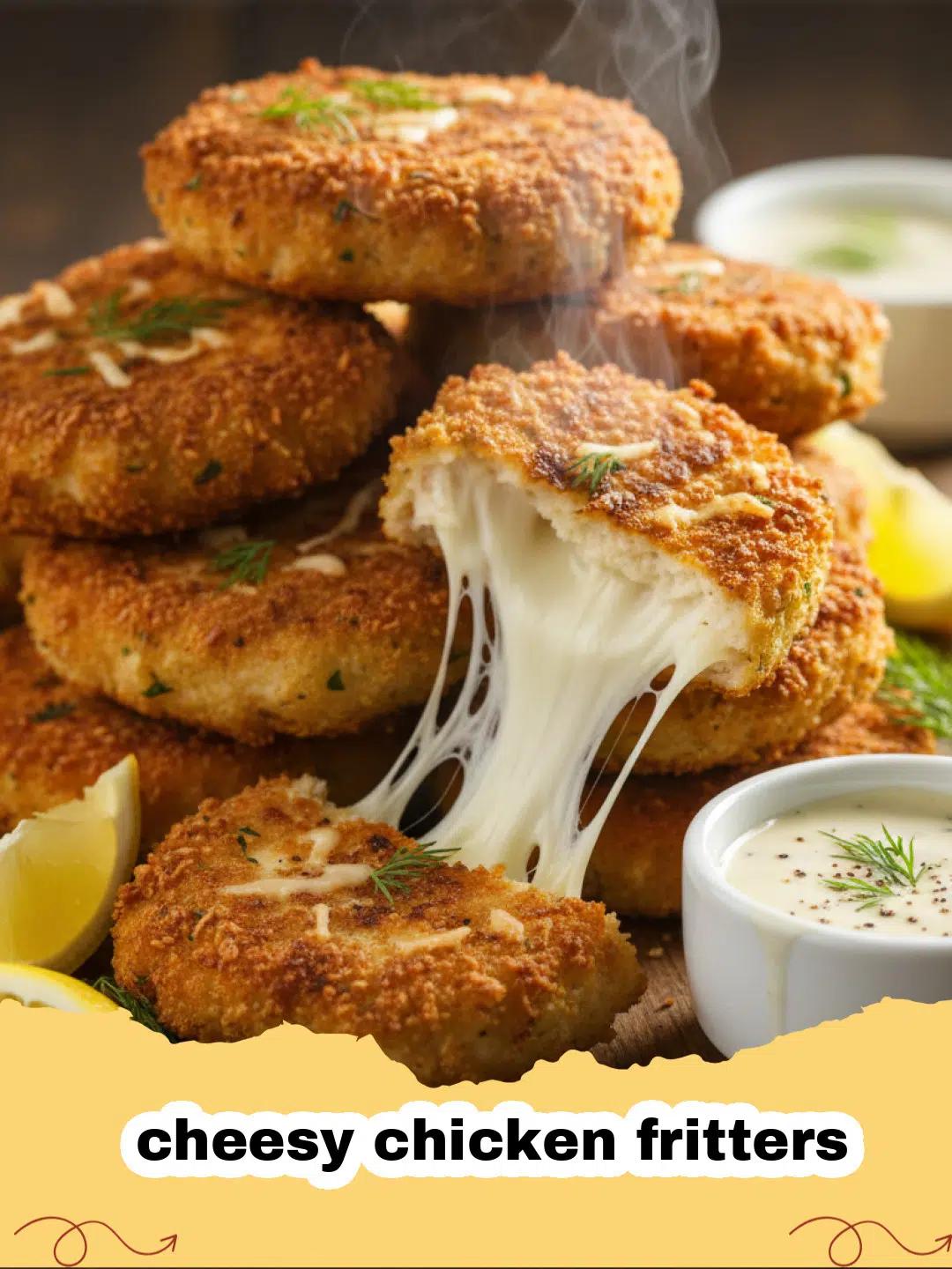 Crispy golden cheesy chicken fritters served on a platter with dipping sauce and fresh parsley.
