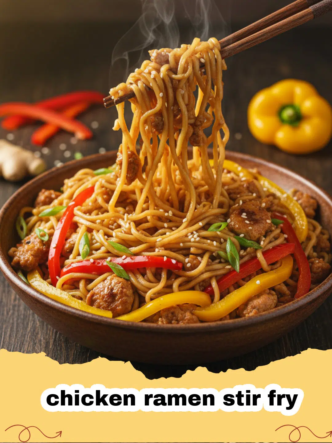 Close-up of a vibrant chicken ramen stir fry in a white bowl, garnished with green onions and sesame seeds.