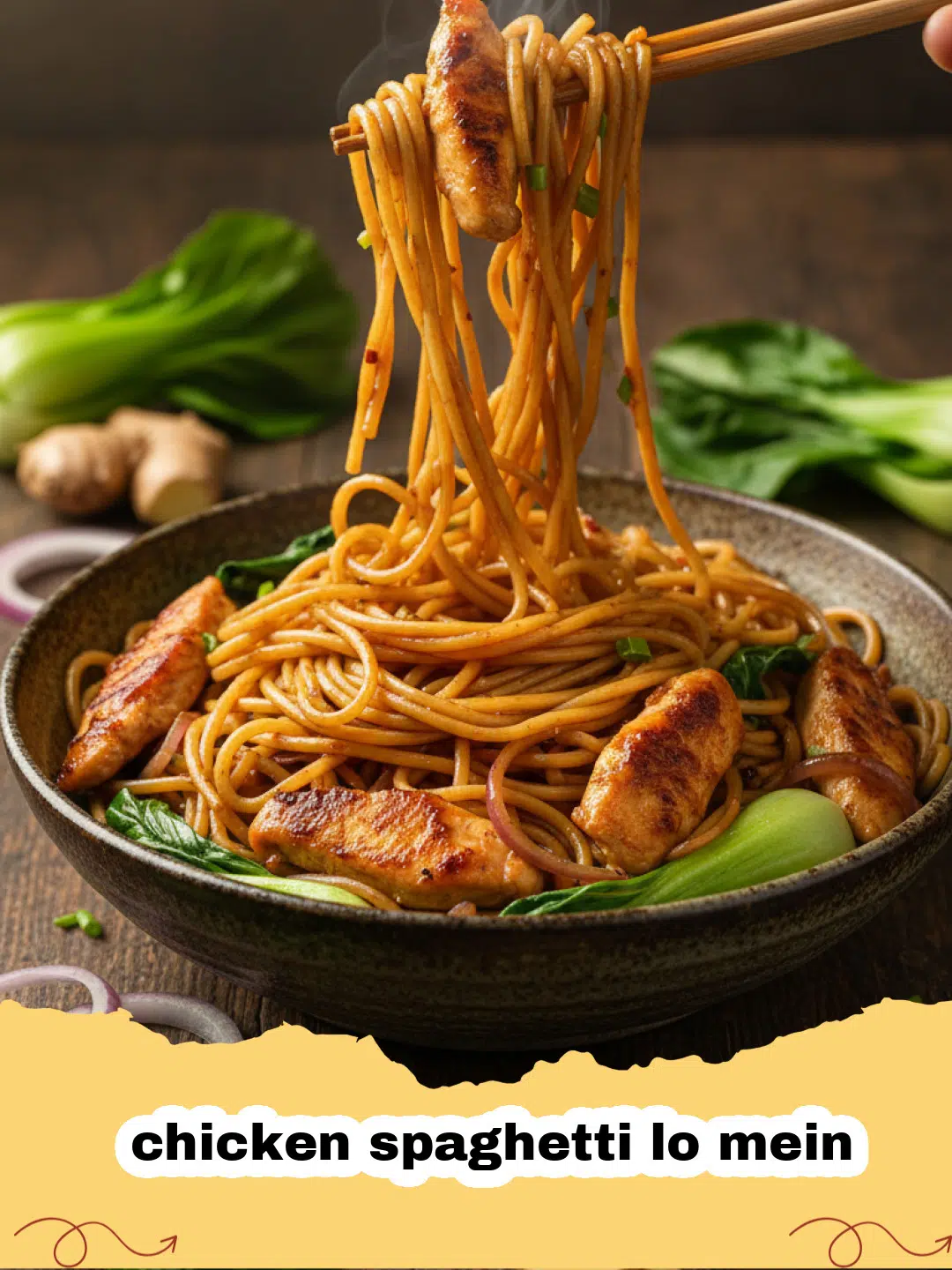 A large serving of homemade chicken spaghetti lo mein in a white bowl, garnished with green onions and sesame seeds.
