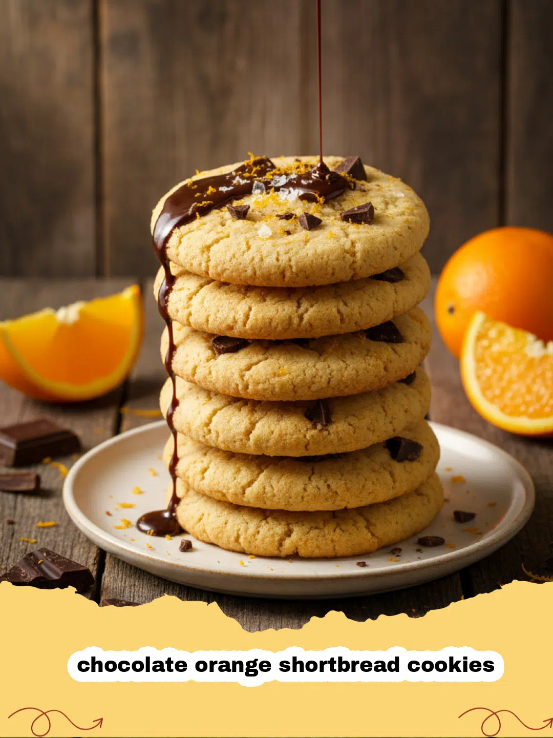 A stack of golden brown chocolate orange shortbread cookies with melted chocolate drizzle and orange zest.
