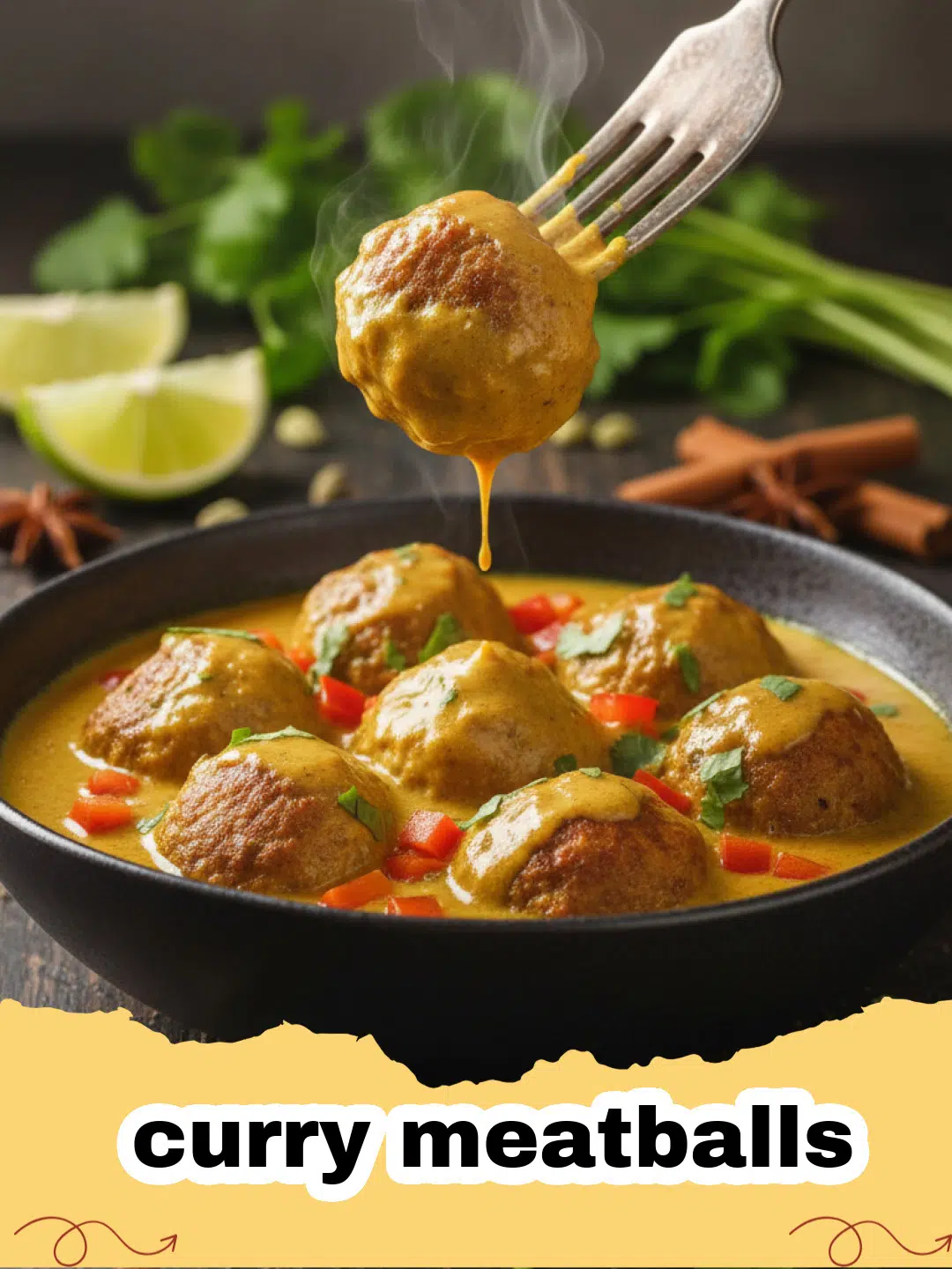 Close-up of creamy coconut curry meatballs served in a bowl with rice and cilantro garnish