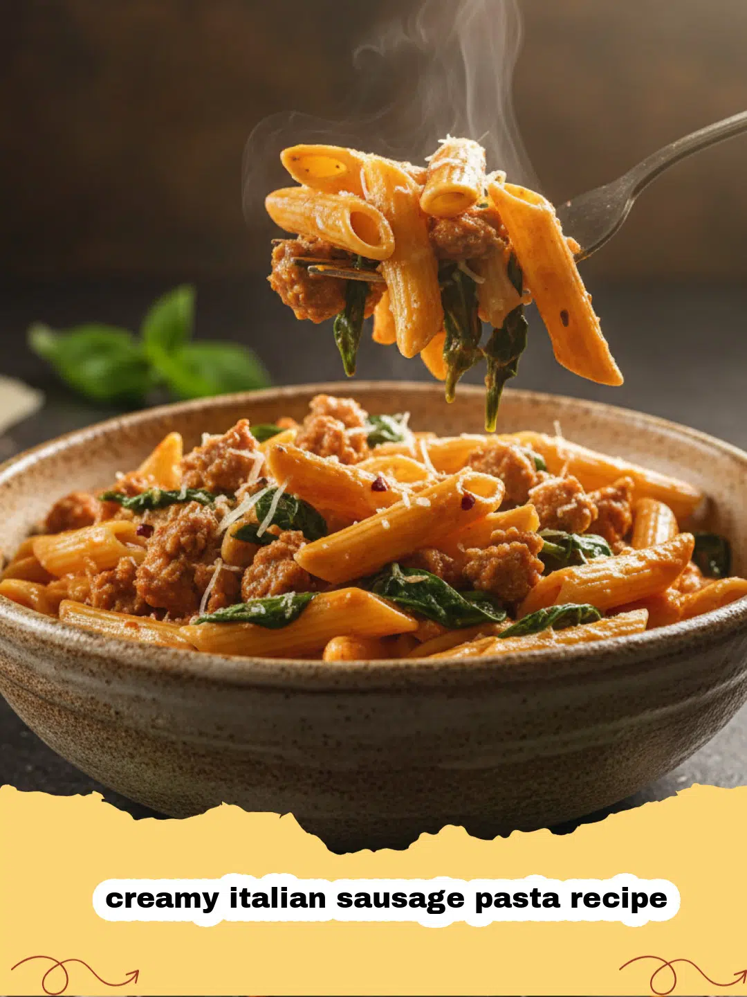 creamy italian sausage pasta recipe - A close-up shot of creamy Italian sausage pasta in a bowl, garnished with fresh basil.