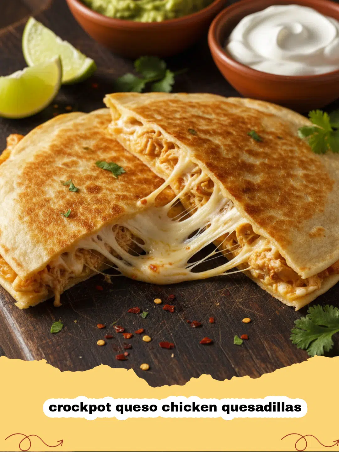 crockpot queso chicken quesadillas - Golden brown Crockpot Queso Chicken Quesadillas sliced into wedges on a plate with sour cream and salsa.