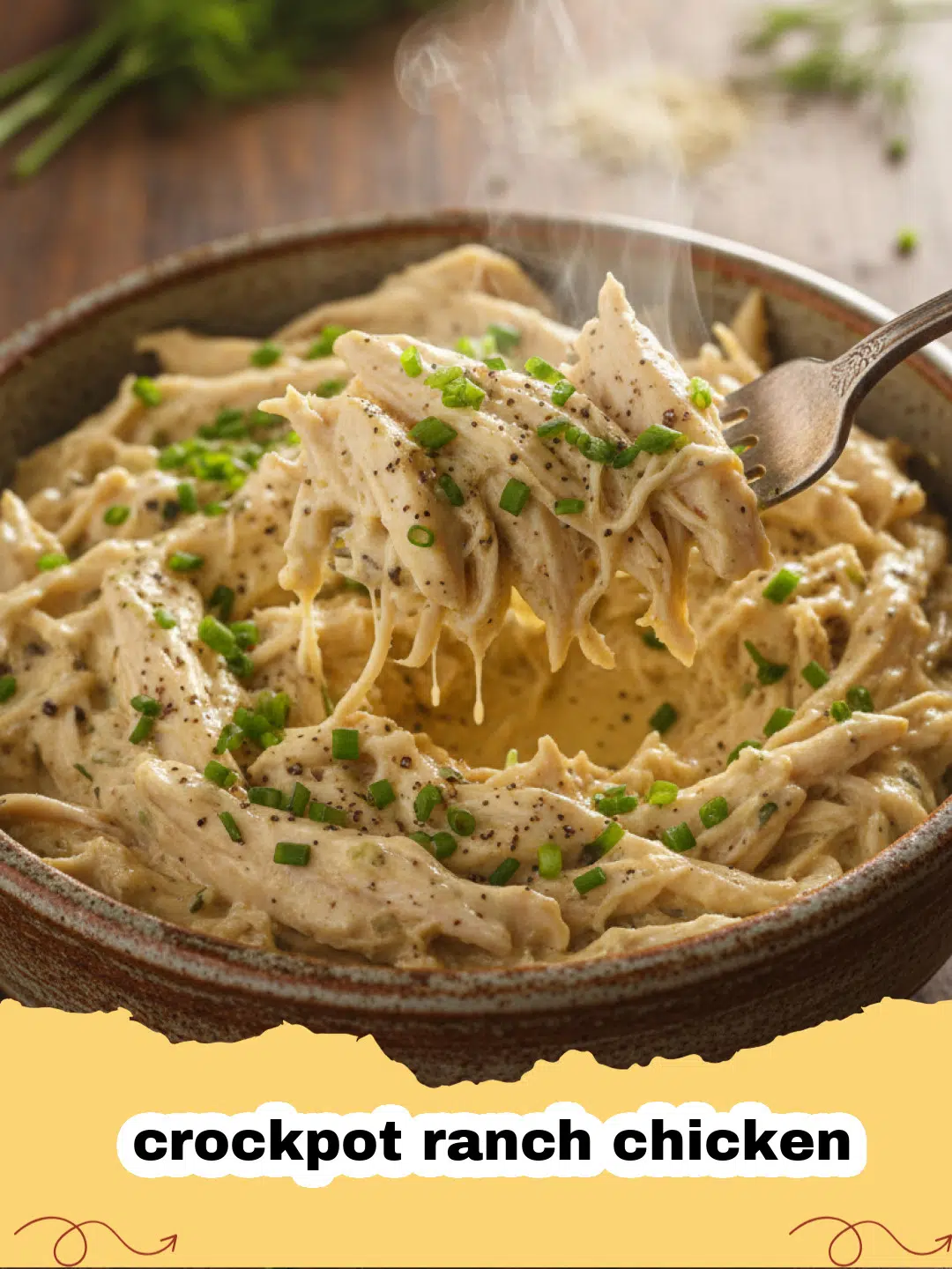 Close-up of shredded crockpot ranch chicken in a creamy sauce, garnished with fresh parsley.