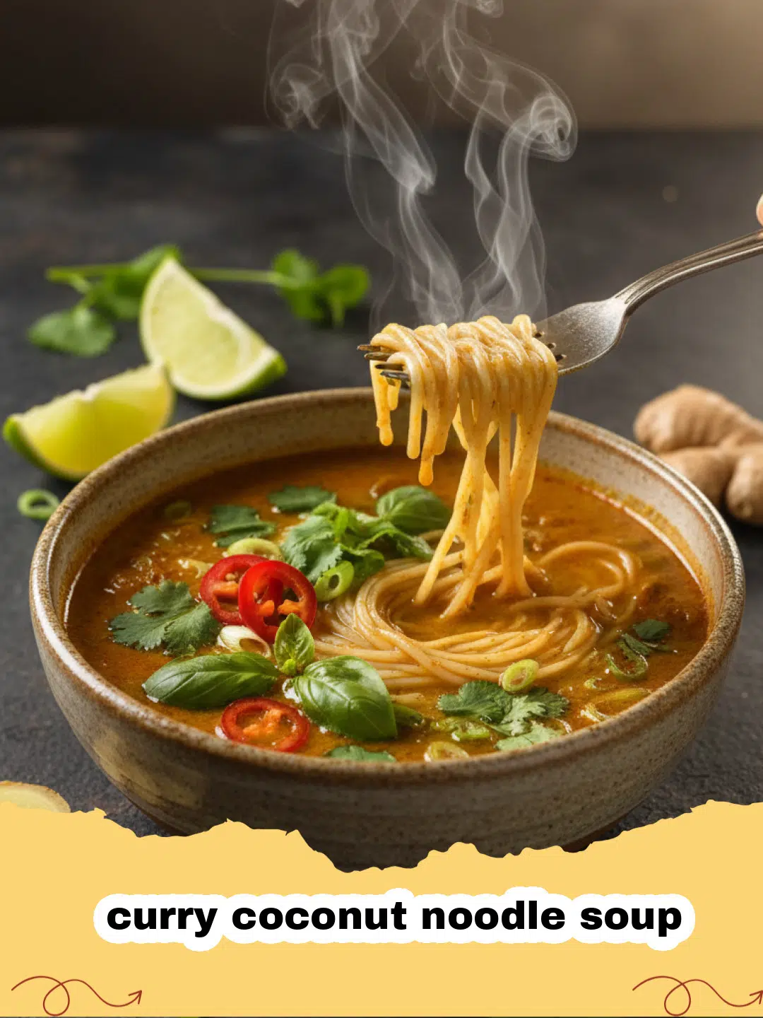 A vibrant bowl of creamy curry coconut noodle soup with fresh toppings like cilantro, lime, and chili.