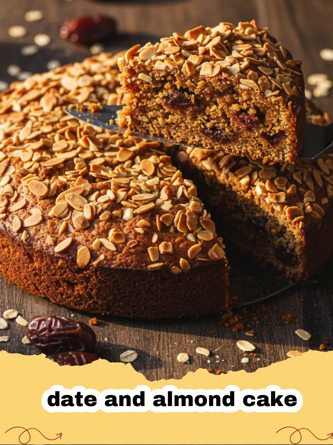 A slice of moist date and almond cake with a cup of tea on a rustic wooden board.
