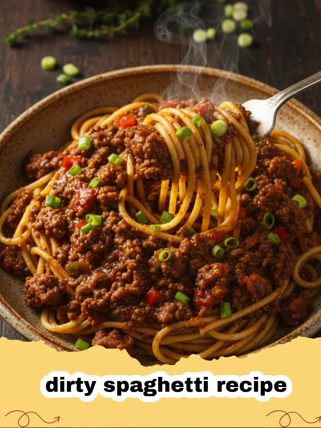 dirty spaghetti recipe - A close-up shot of a steaming bowl of Dirty Spaghetti, topped with melted cheese and fresh parsley, with a fork twirling some pasta.
