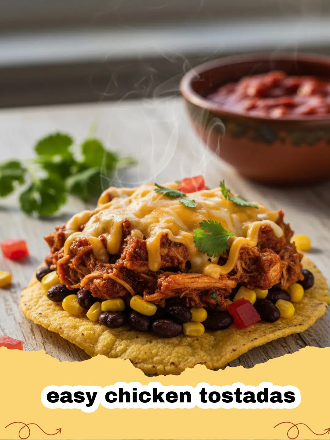 Two crispy easy chicken tostadas on a plate, topped with shredded chicken, lettuce, tomato, avocado, and sour cream, with lime wedges on the side.