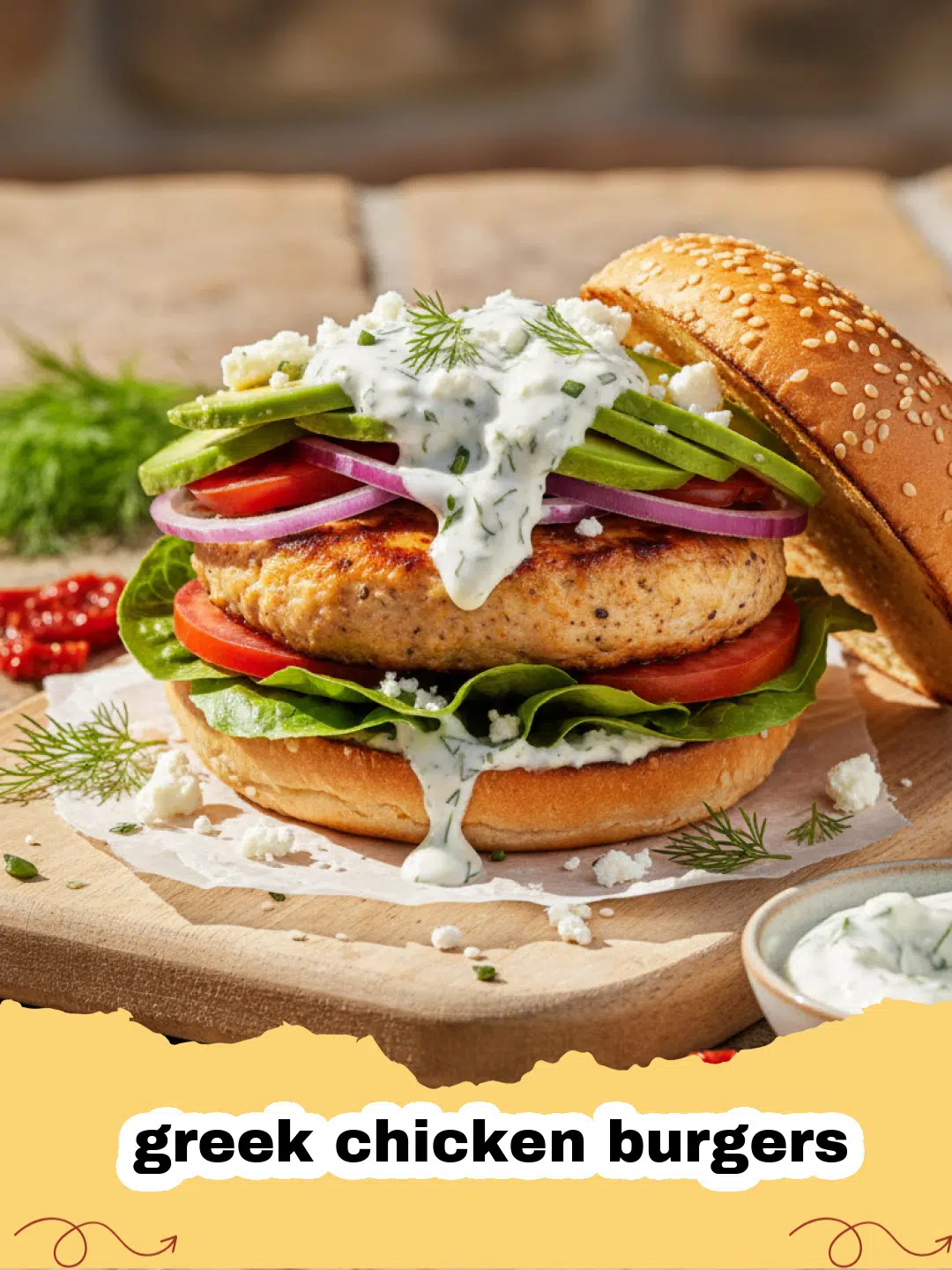greek chicken burgers - Close-up of a juicy Greek Chicken Burger served on a pita with tzatziki, tomato, and cucumber, garnished with fresh dill.