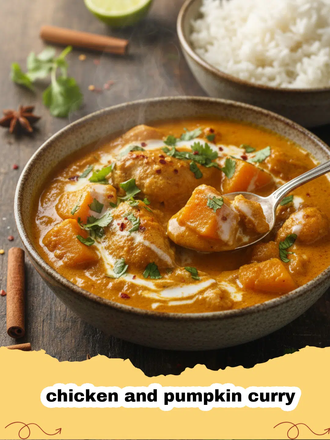 A vibrant bowl of chicken and pumpkin curry served with white rice and fresh cilantro.