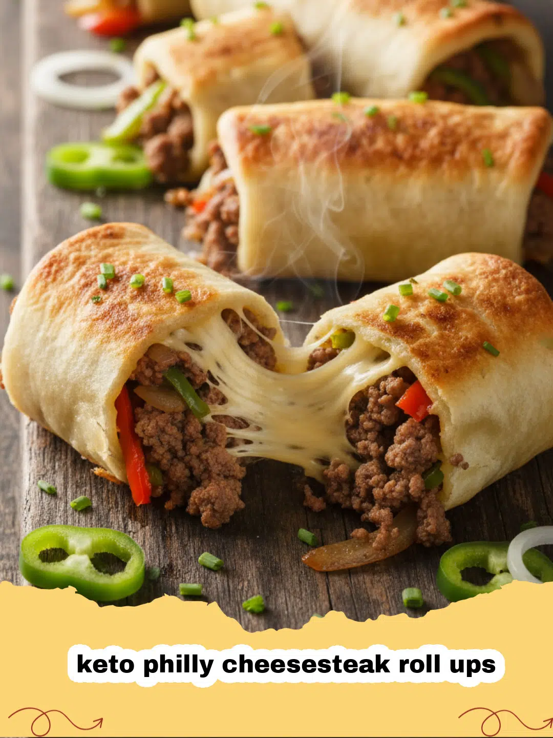 keto philly cheesesteak roll ups - Close-up of a keto Philly cheesesteak roll up filled with steak, peppers, onions, and melted provolone cheese, ready to be eaten.