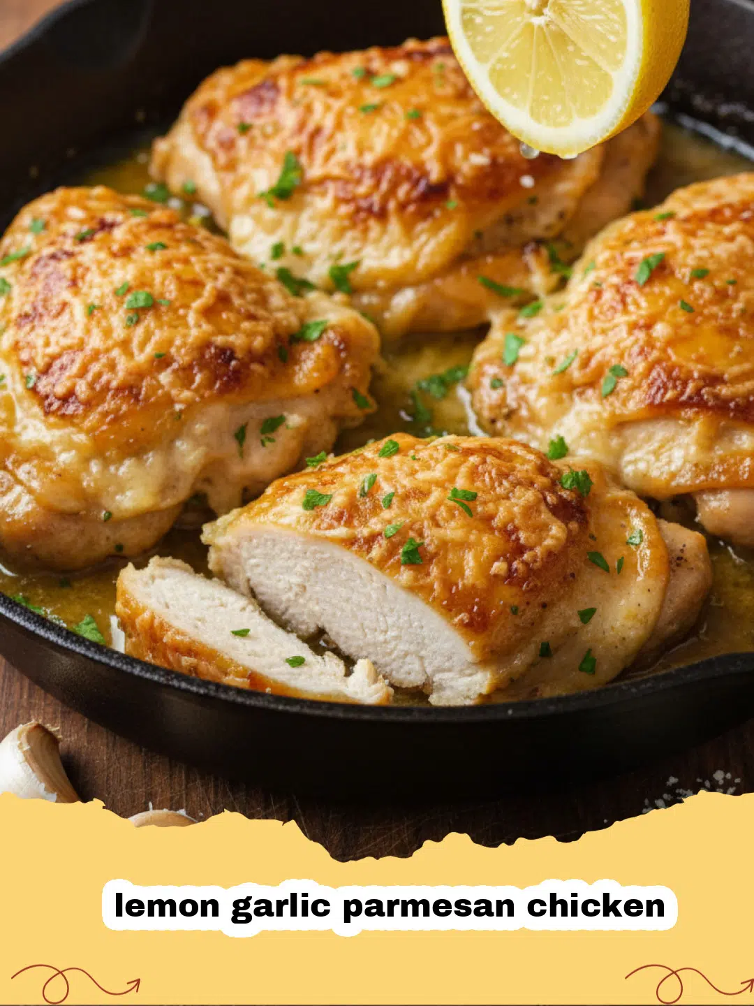 Close-up of golden-brown lemon garlic parmesan chicken breasts in a creamy sauce, garnished with fresh parsley.