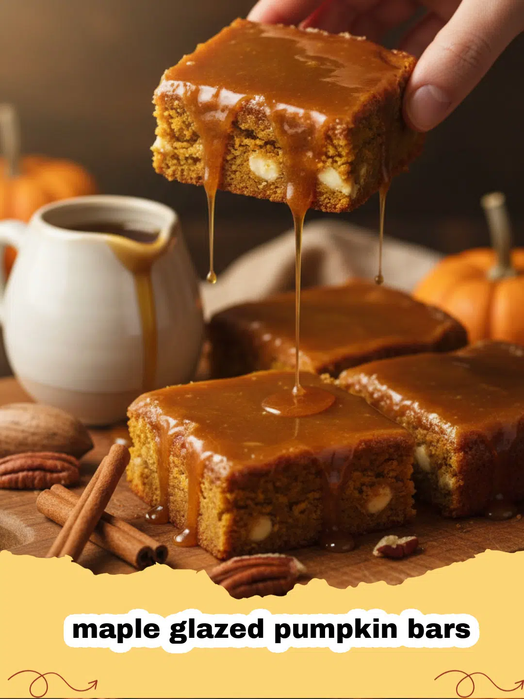 A tray of freshly sliced maple glazed pumpkin bars on a wooden board.