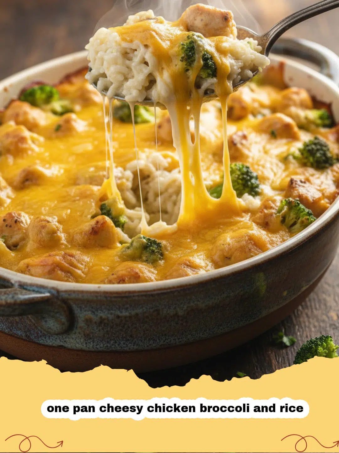 one pan cheesy chicken broccoli and rice - A close-up of cheesy chicken broccoli and rice in a cast iron skillet, garnished with fresh parsley.