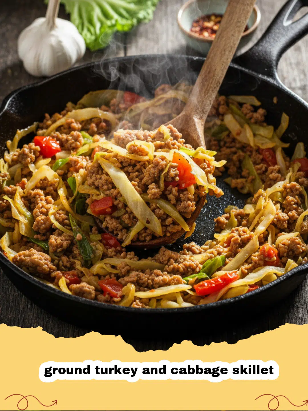 A vibrant, healthy ground turkey and cabbage skillet in a large cast-iron pan, garnished with fresh parsley.