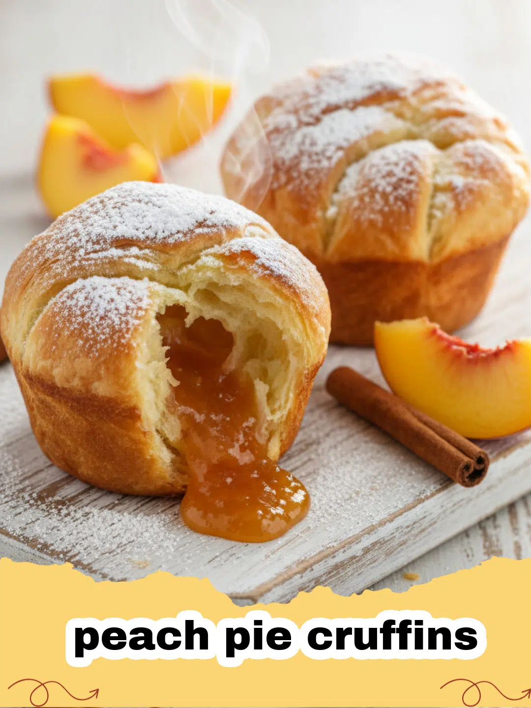 peach pie cruffins - Close-up of golden brown Peach Pie Cruffins drizzled with white glaze in a muffin tin.