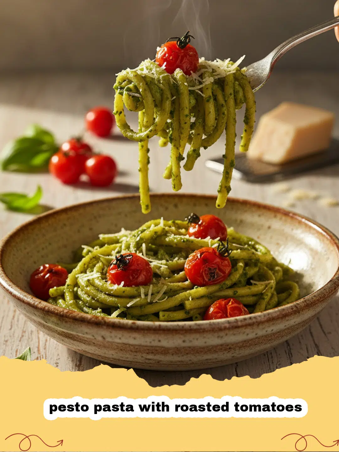 Close-up of pesto pasta with roasted tomatoes and fresh basil on a white plate.