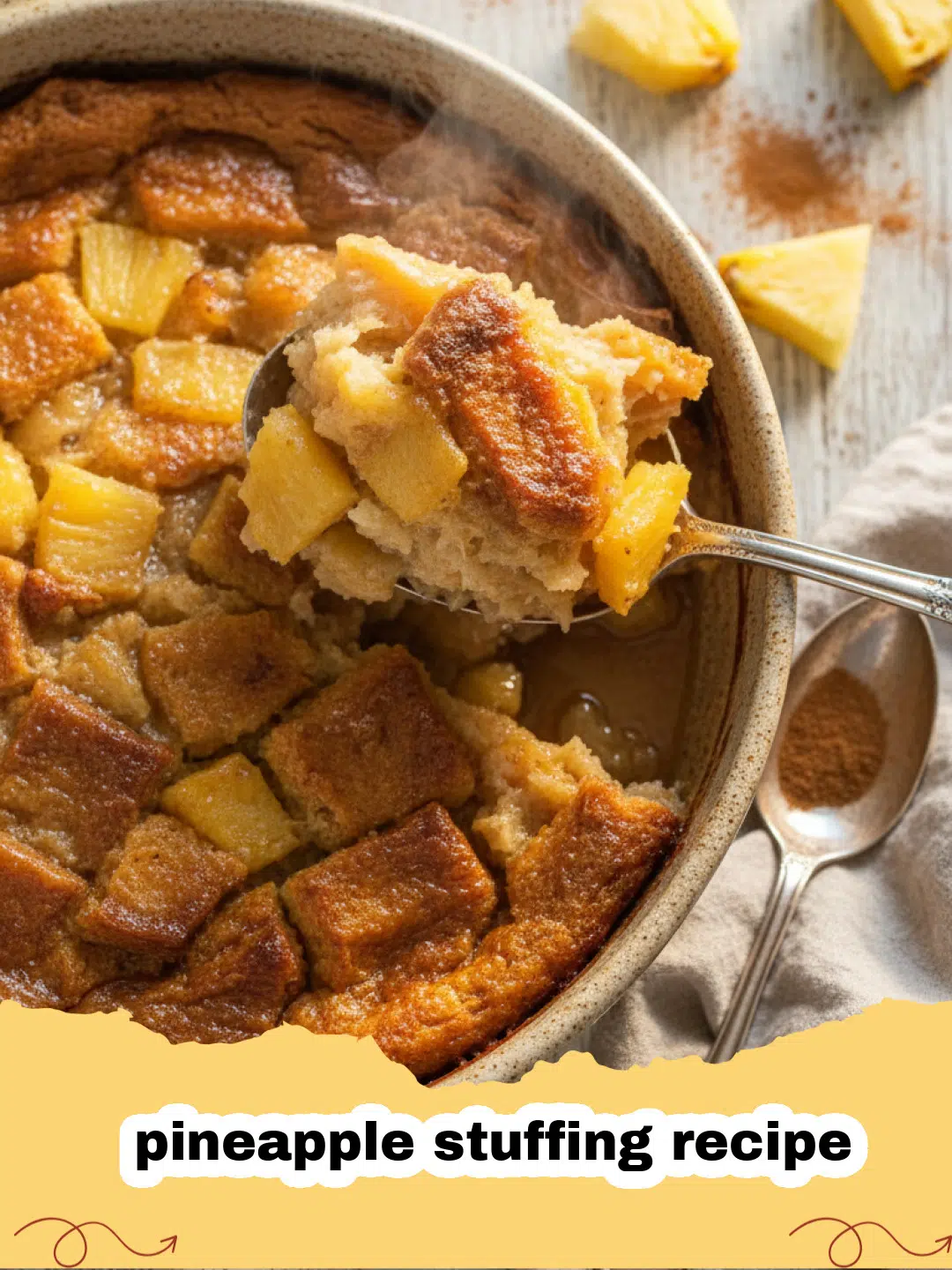 A golden-brown pineapple stuffing recipe in a baking dish, garnished with fresh parsley.