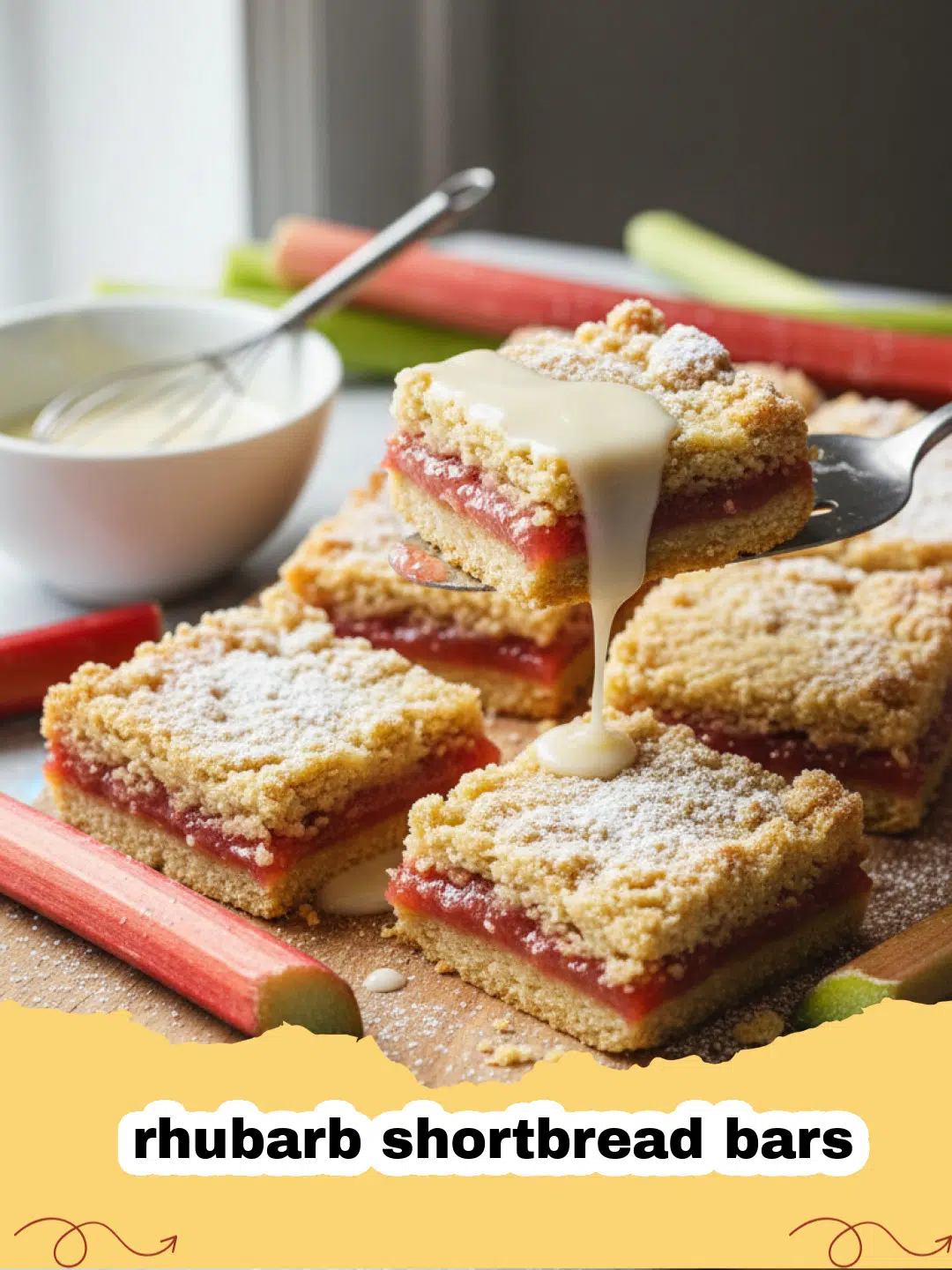 Close-up of golden rhubarb shortbread bars with a vibrant pink rhubarb filling and a crumbly topping, cut into squares on a wooden board.