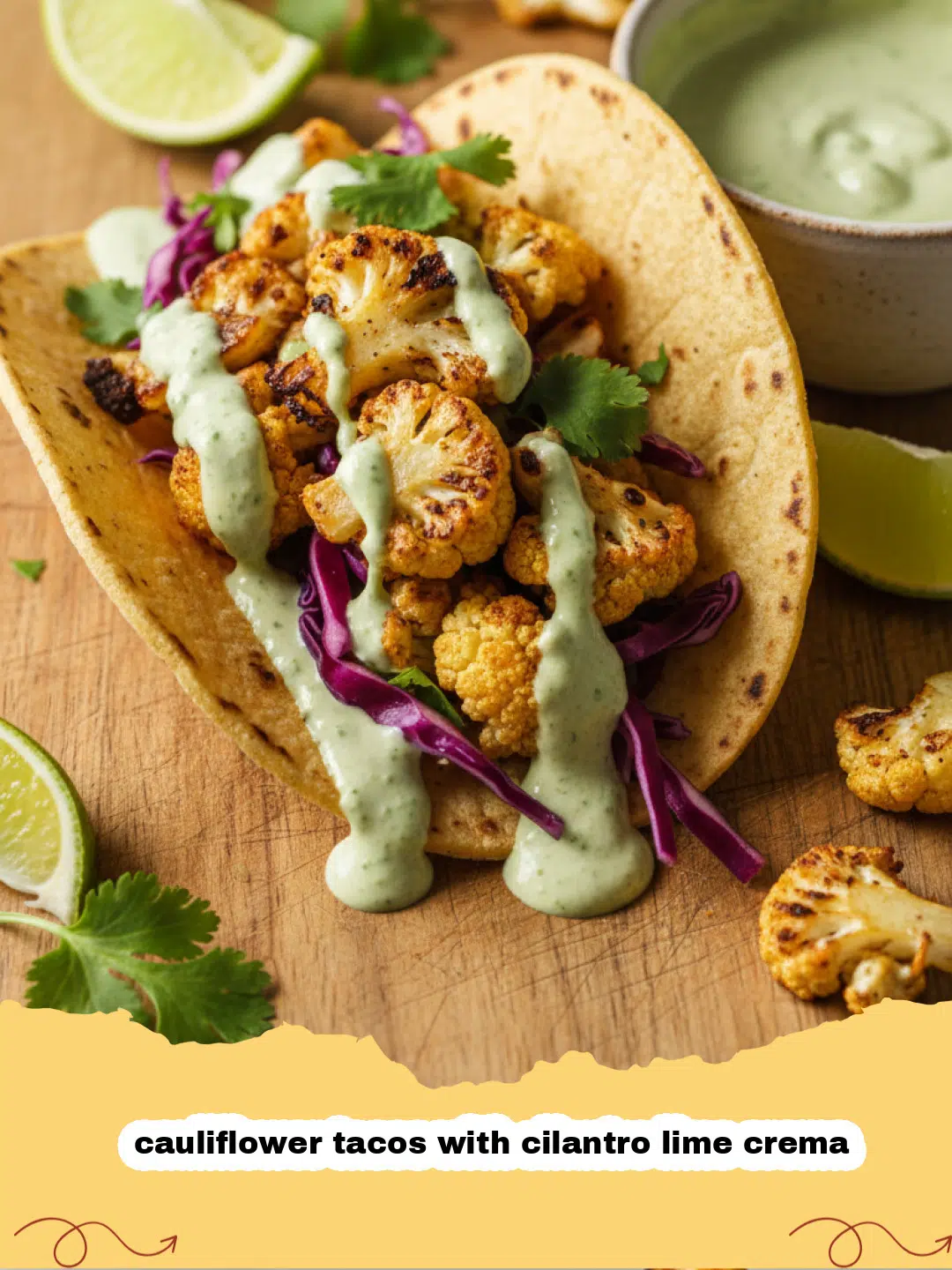 Close-up of vibrant roasted cauliflower tacos with cilantro lime crema, garnished with fresh cilantro and red onion, on a rustic wooden board.