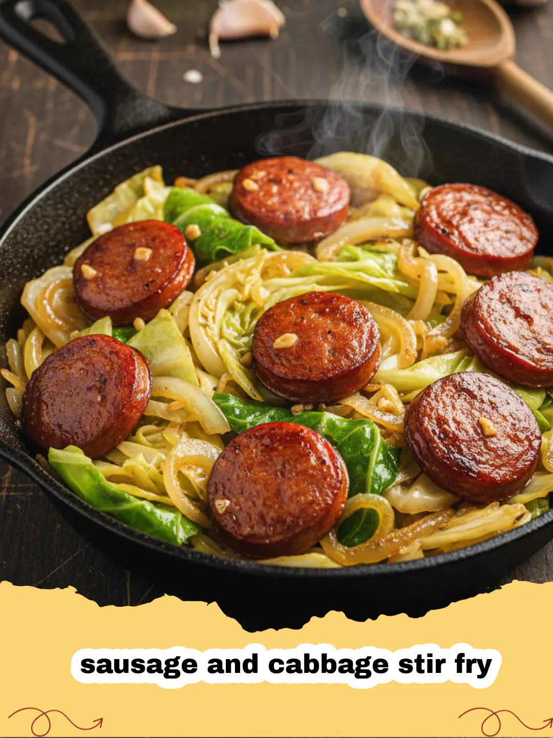 A close-up shot of a hearty sausage and cabbage stir fry in a large skillet, garnished with fresh green onions.