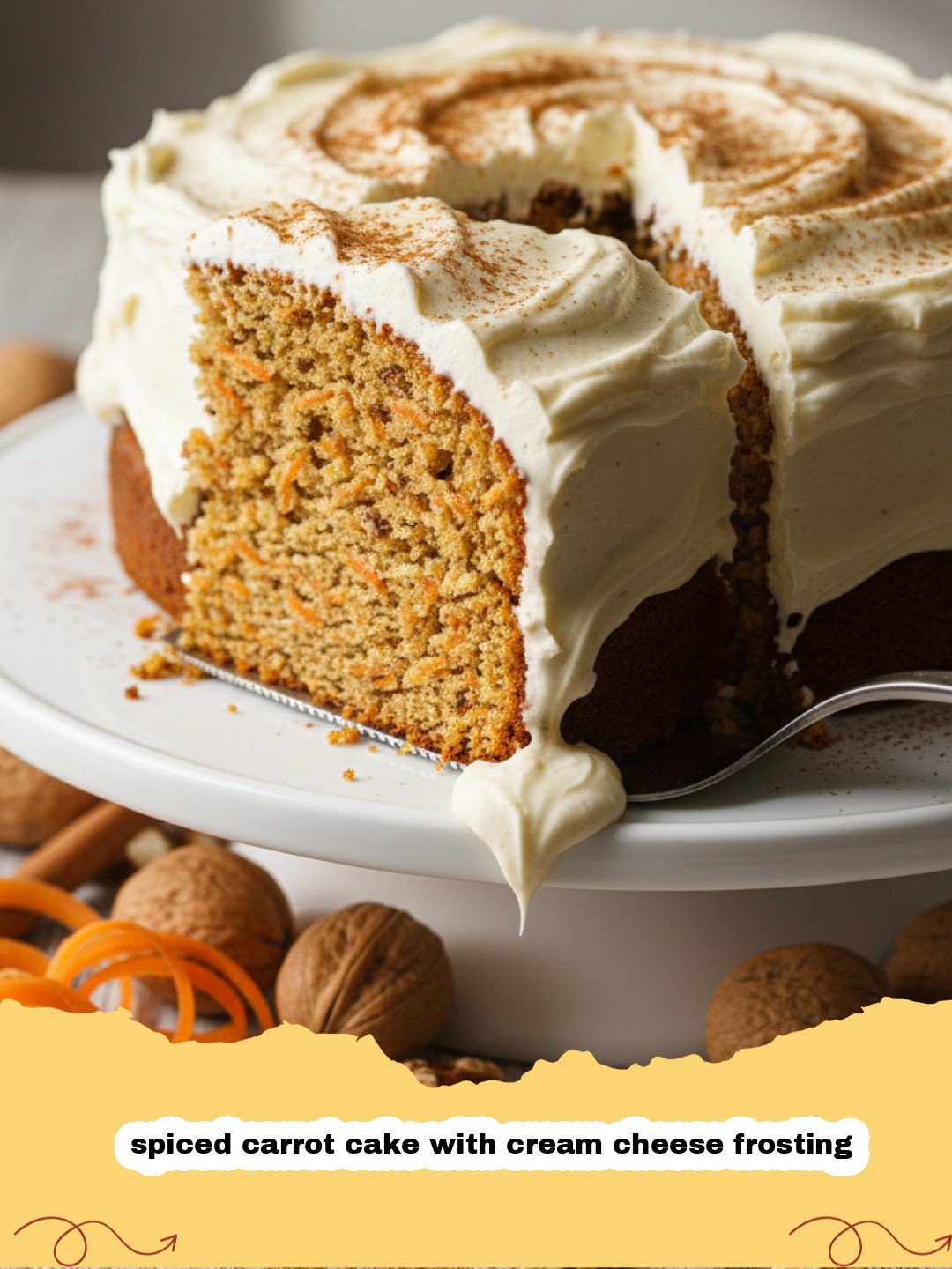 spiced carrot cake with cream cheese frosting - A slice of moist spiced carrot cake with thick cream cheese frosting on a white plate.