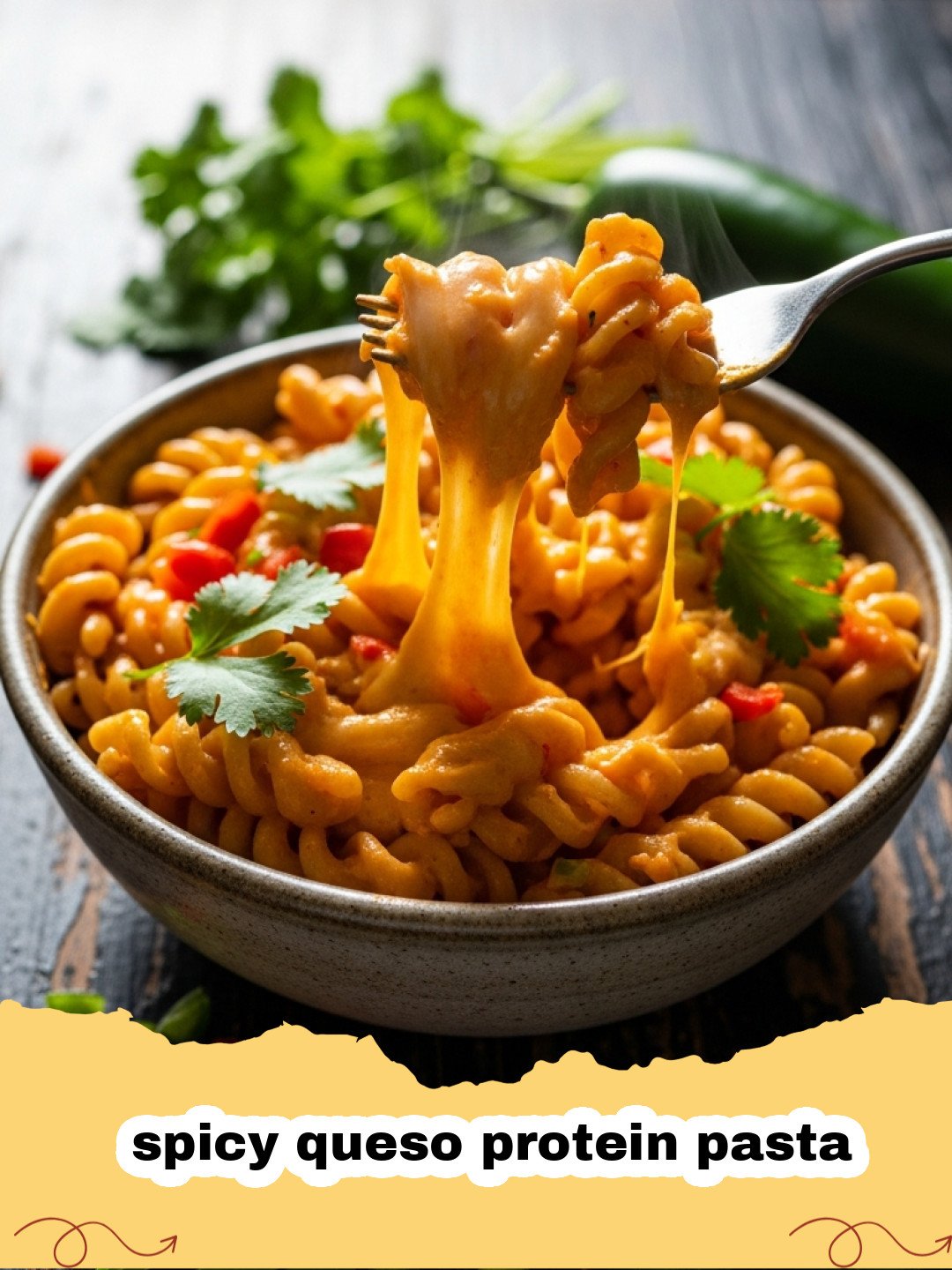 A bowl of creamy spicy queso protein pasta topped with cilantro and jalapeƱos.