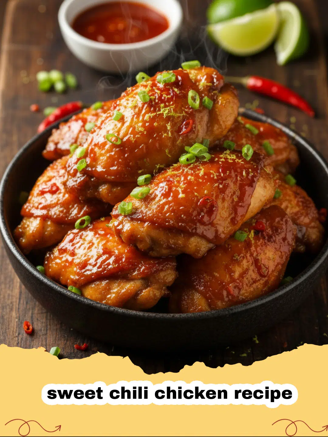 sweet chili chicken recipe - Close-up of a vibrant sweet chili chicken dish with broccoli and red bell pepper, garnished with green onions and sesame seeds, served over white rice.