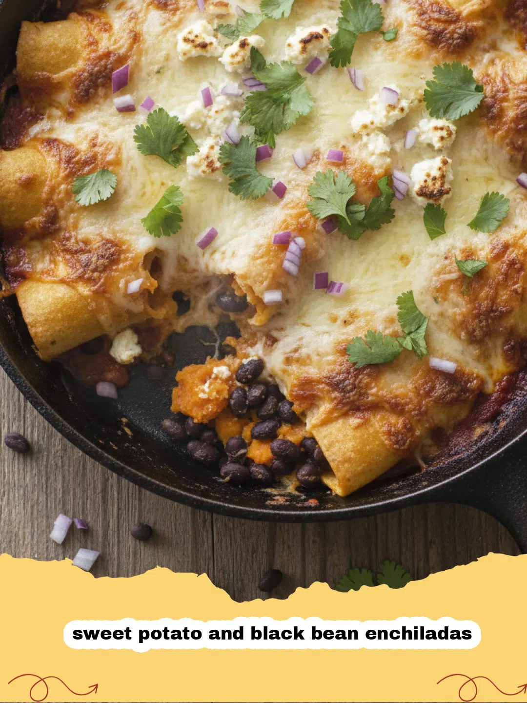 A dish of cheesy sweet potato and black bean enchiladas garnished with cilantro and avocado.