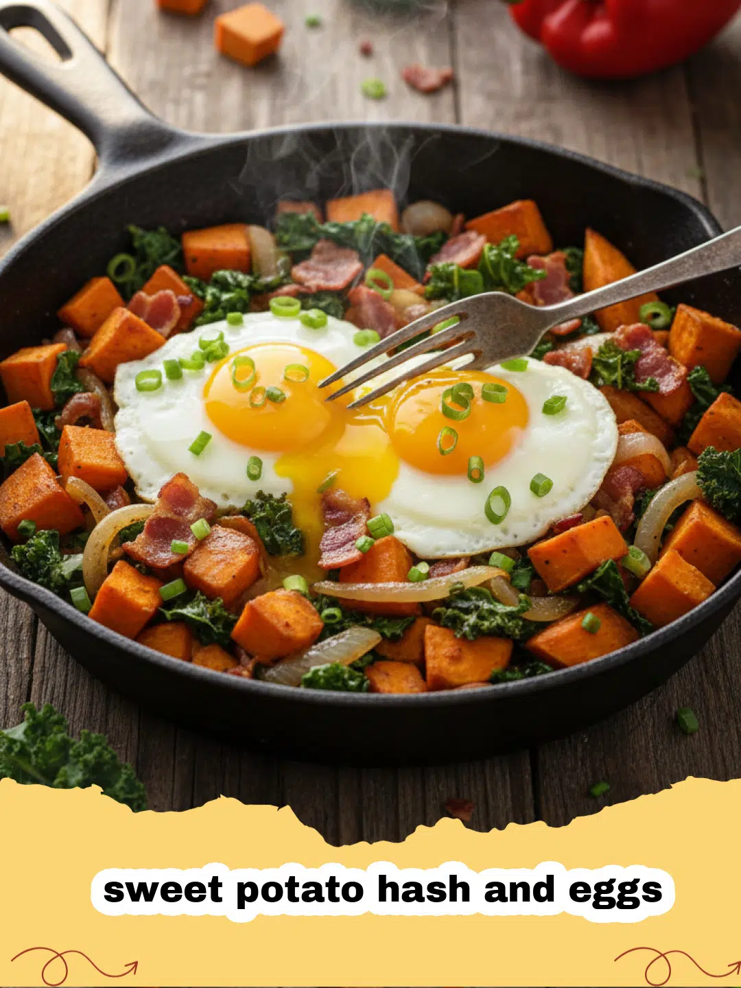 sweet potato hash and eggs - Close-up of a skillet filled with golden sweet potato hash and perfectly cooked eggs with runny yolks, garnished with fresh herbs.
