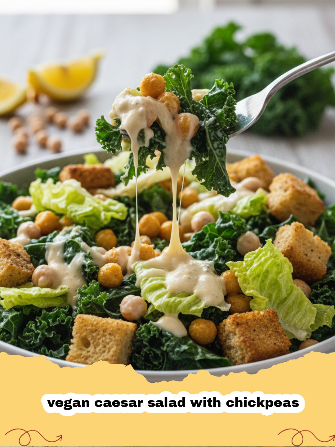 vegan caesar salad with chickpeas - Close-up of a vibrant vegan Caesar salad with crispy roasted chickpeas, fresh romaine, and creamy dressing.
