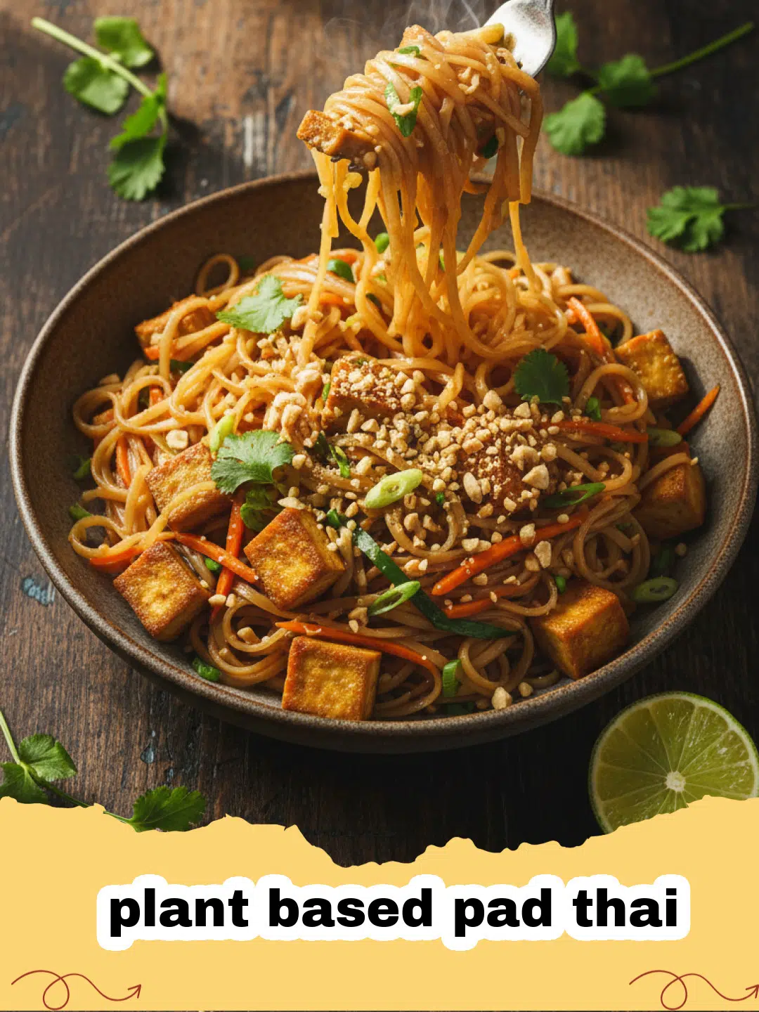 plant based pad thai - A vibrant plate of plant based Pad Thai with crispy tofu, rice noodles, peanuts, lime, and cilantro