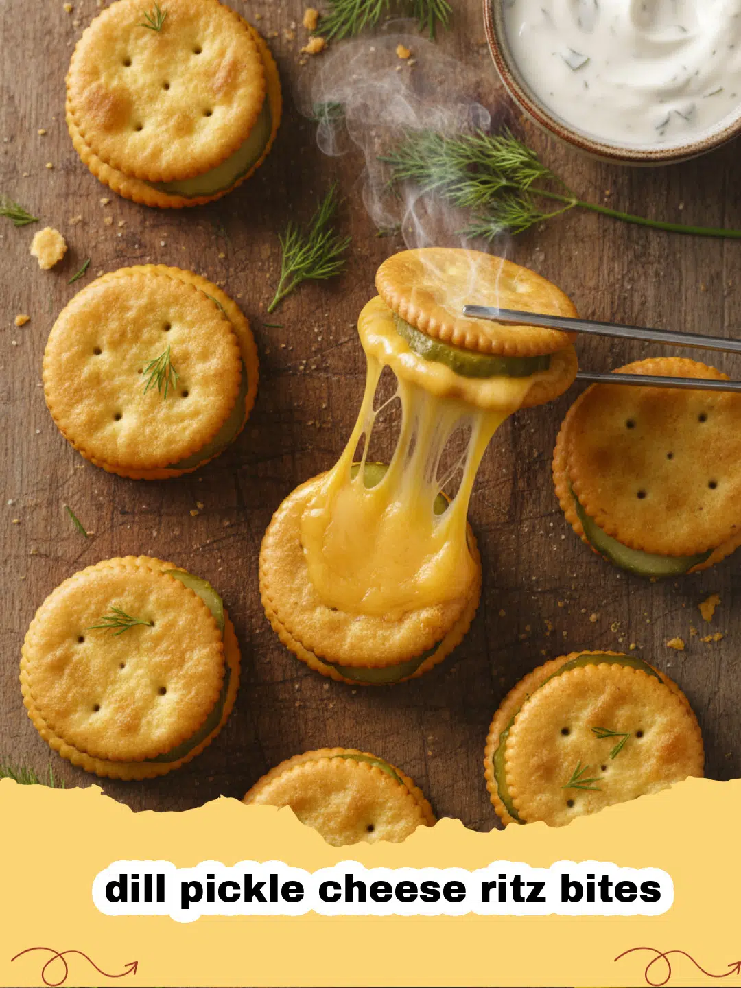 Close-up of golden-baked dill pickle cheese ritz bites garnished with fresh dill on a serving platter.