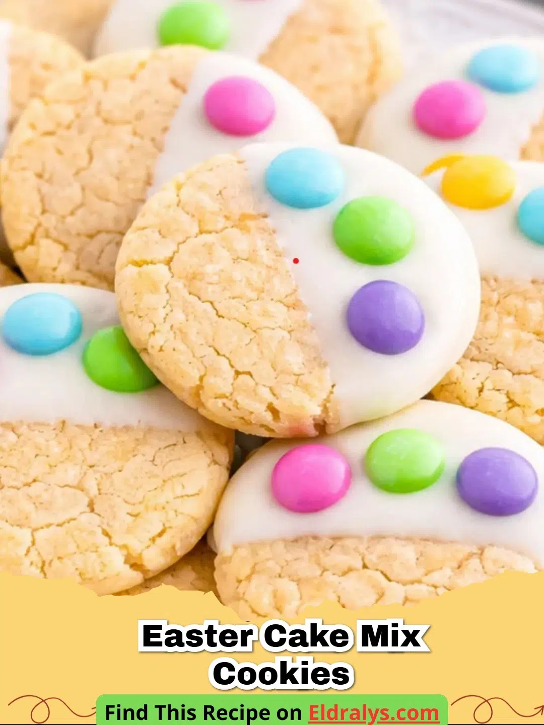 A tray of soft and chewy Easter Cake Mix Cookies with pastel M&Ms and sprinkles.