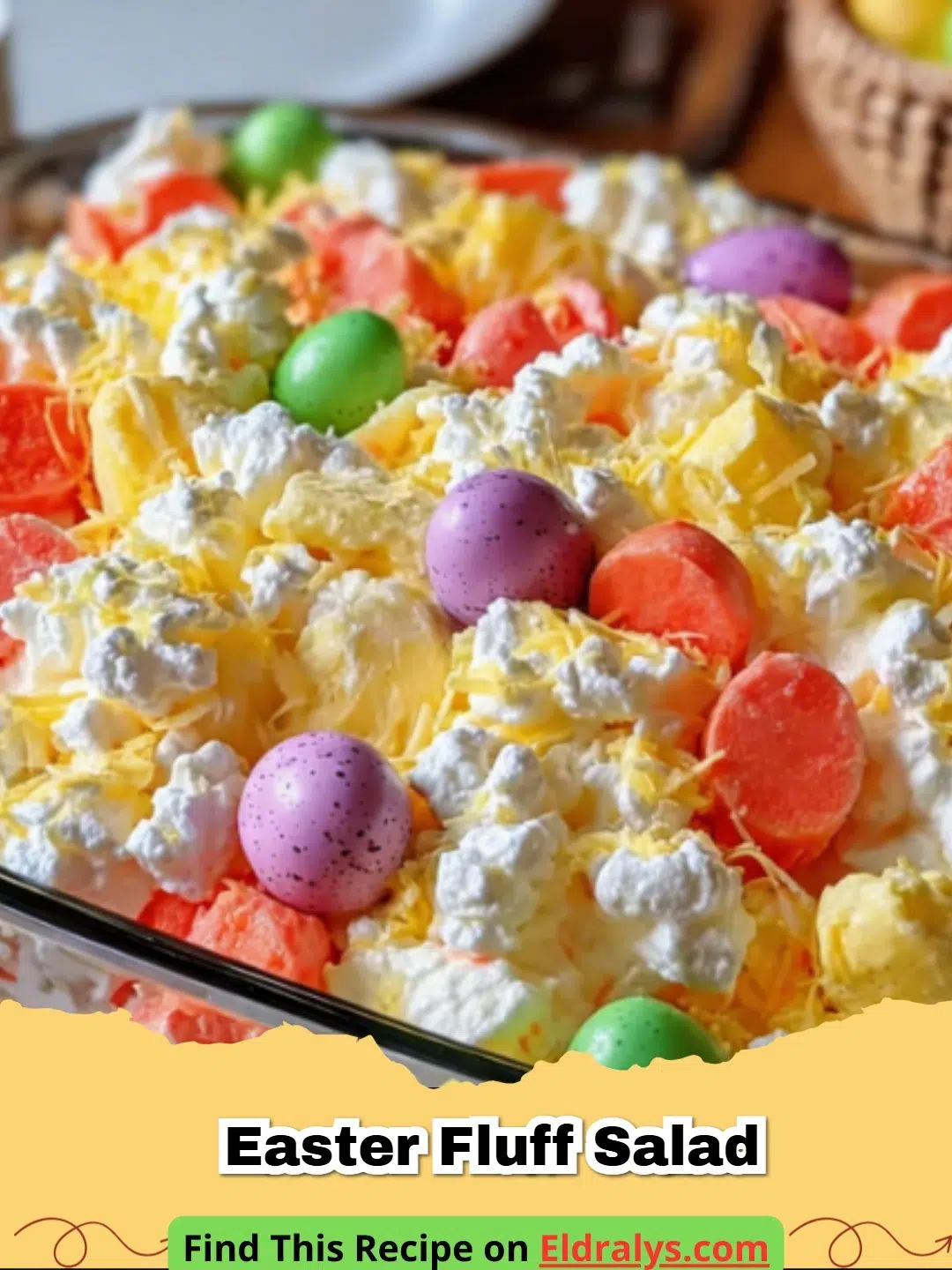 A bowl of colorful Easter Fluff Salad with pastel marshmallows and mandarin oranges.