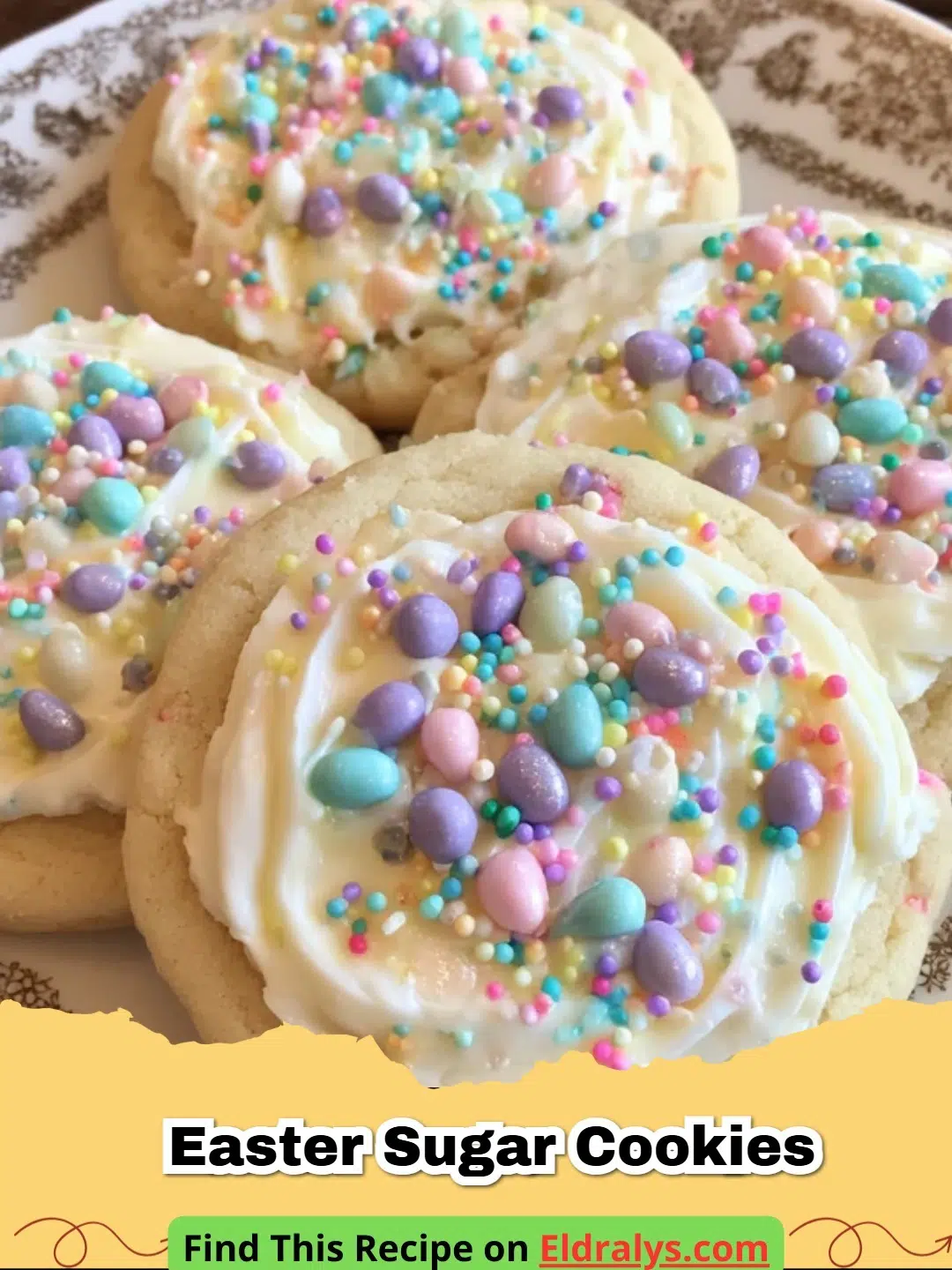 A tray of colorful Easter Sugar Cookies: Soft and frosted in pastel colors.