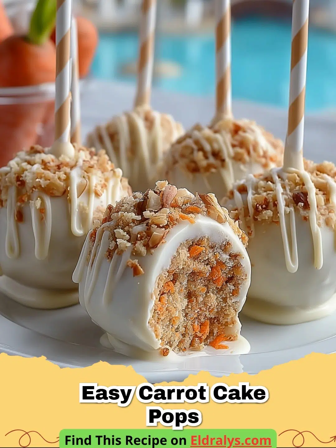 A group of Easy Carrot Cake Pops decorated with orange sprinkles and standing in a white stand.