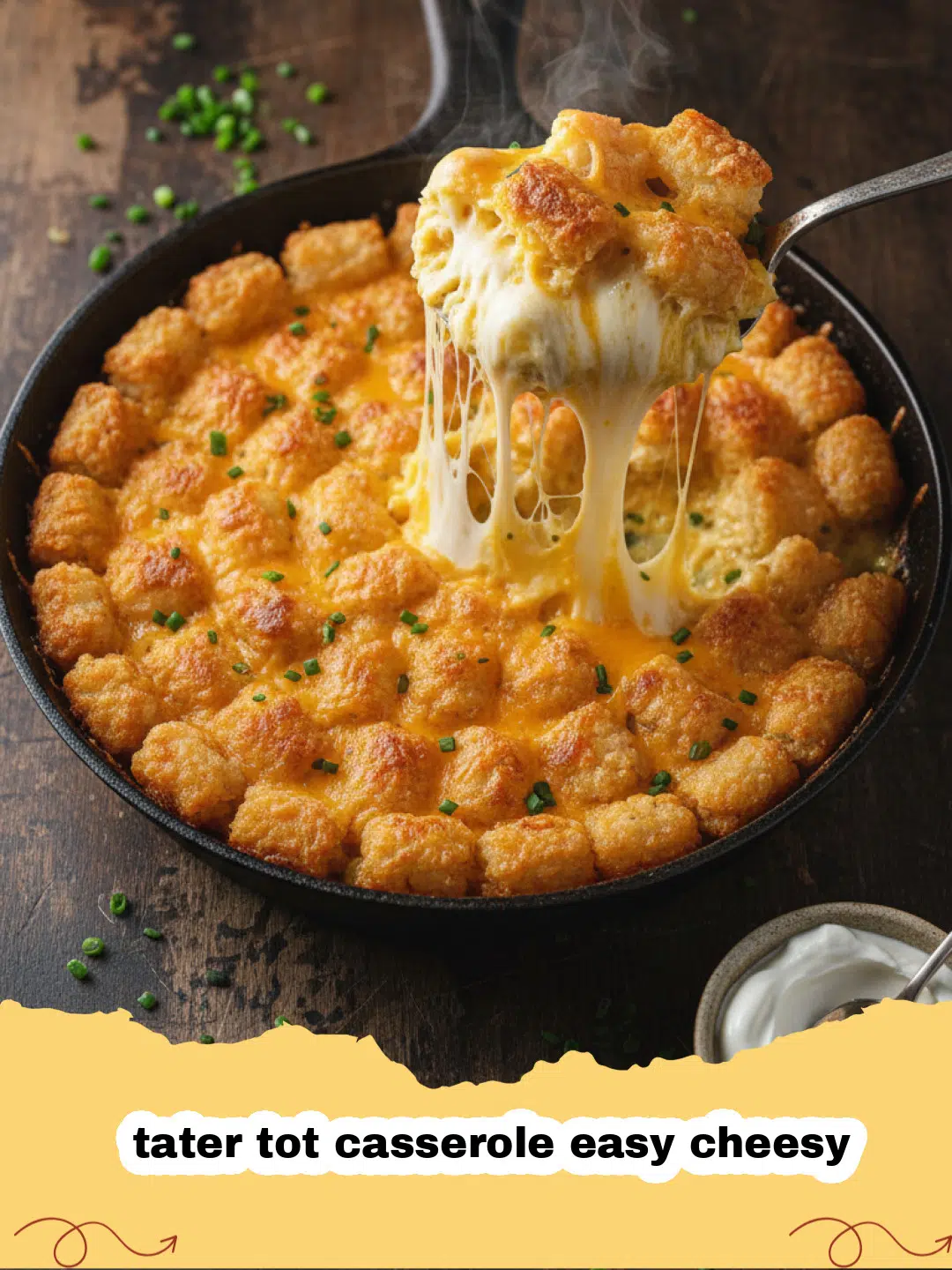 tater tot casserole easy cheesy - Golden brown tater tot casserole with melted cheese and a creamy beef filling, ready to serve.