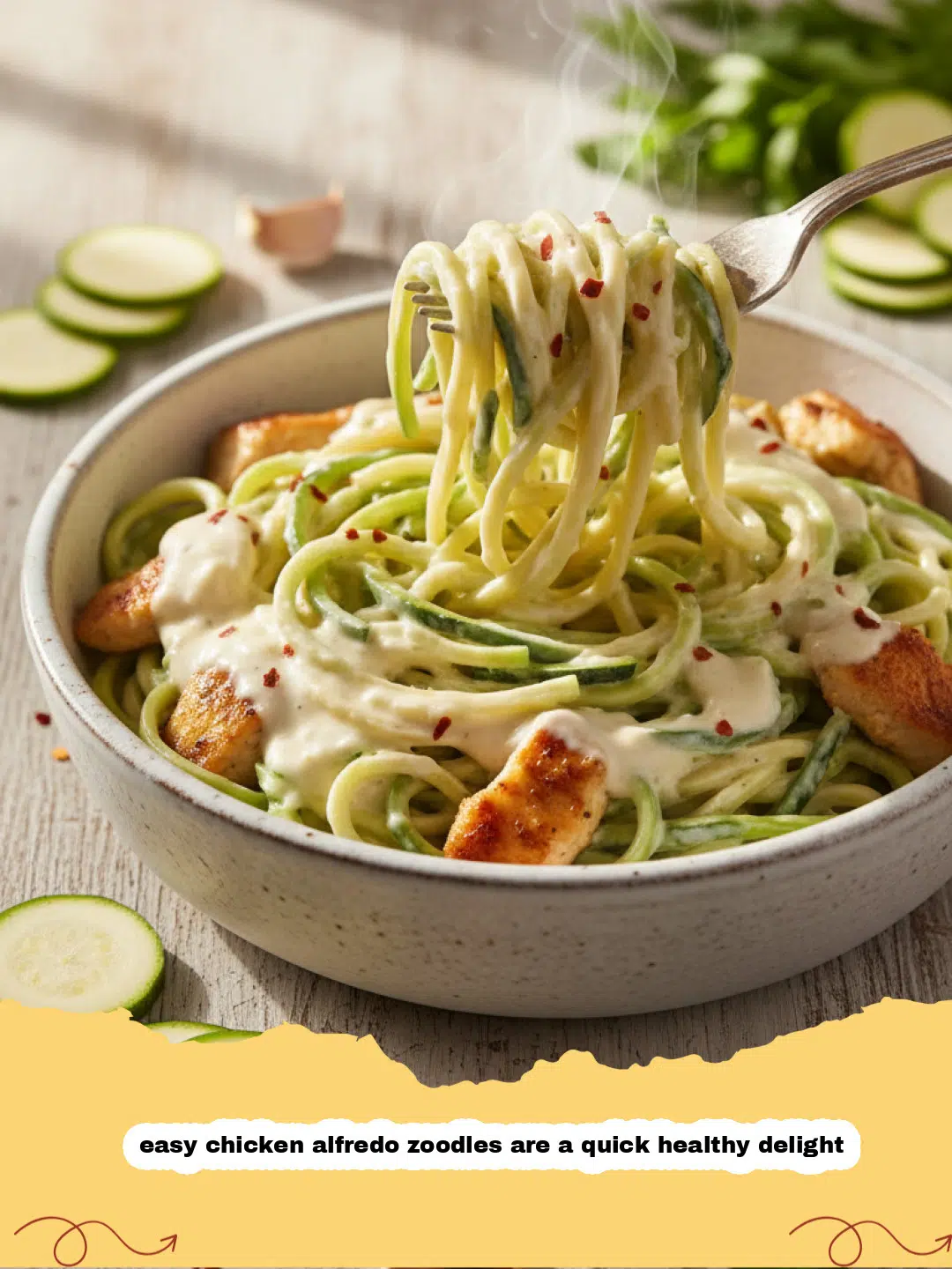 easy chicken alfredo zoodles are a quick healthy delight - Close-up of creamy chicken alfredo zoodles in a skillet, garnished with fresh parsley and Parmesan cheese.