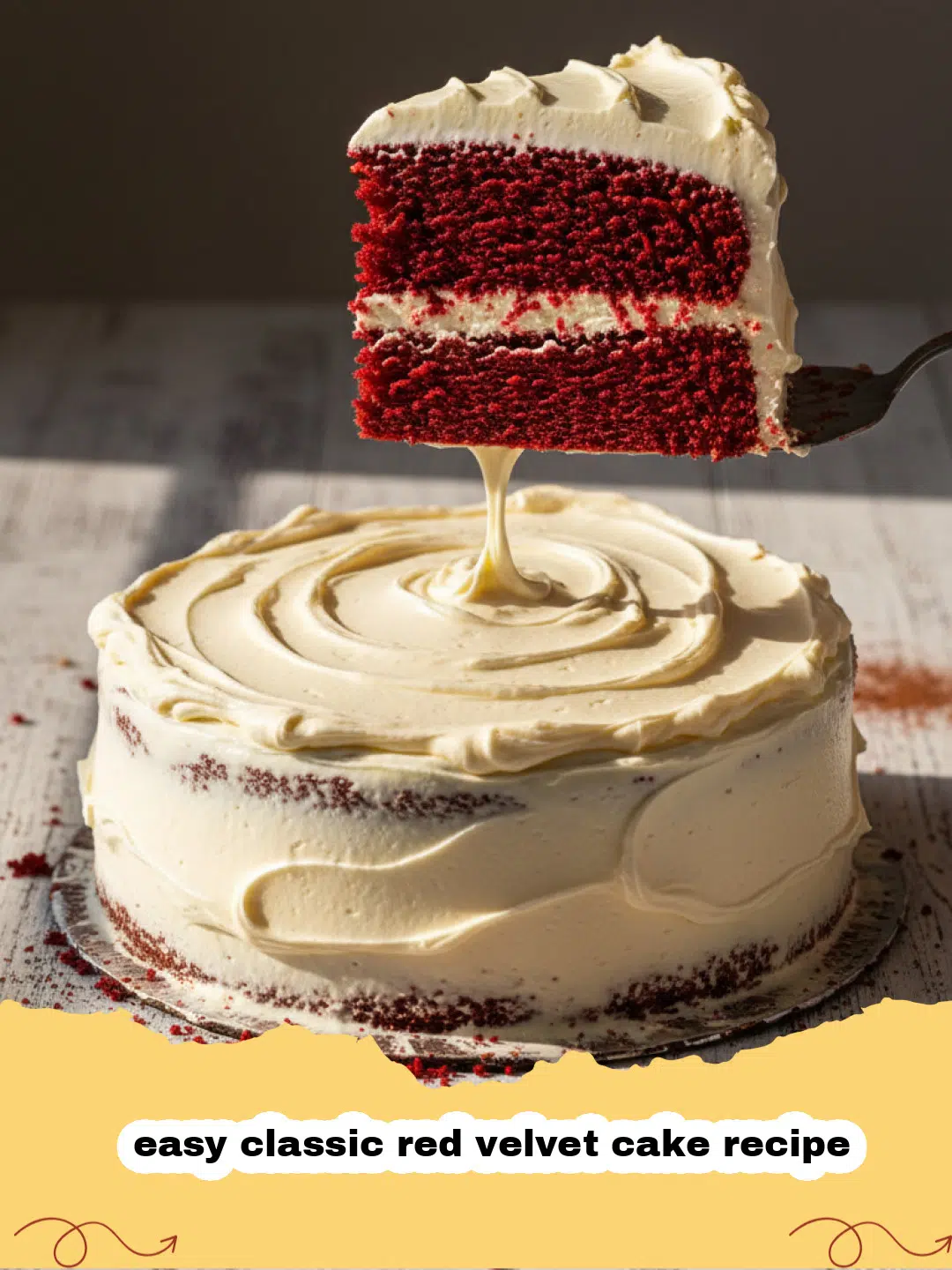 easy classic red velvet cake recipe - A beautifully frosted two-layer easy classic red velvet cake with cream cheese frosting on a white cake stand.