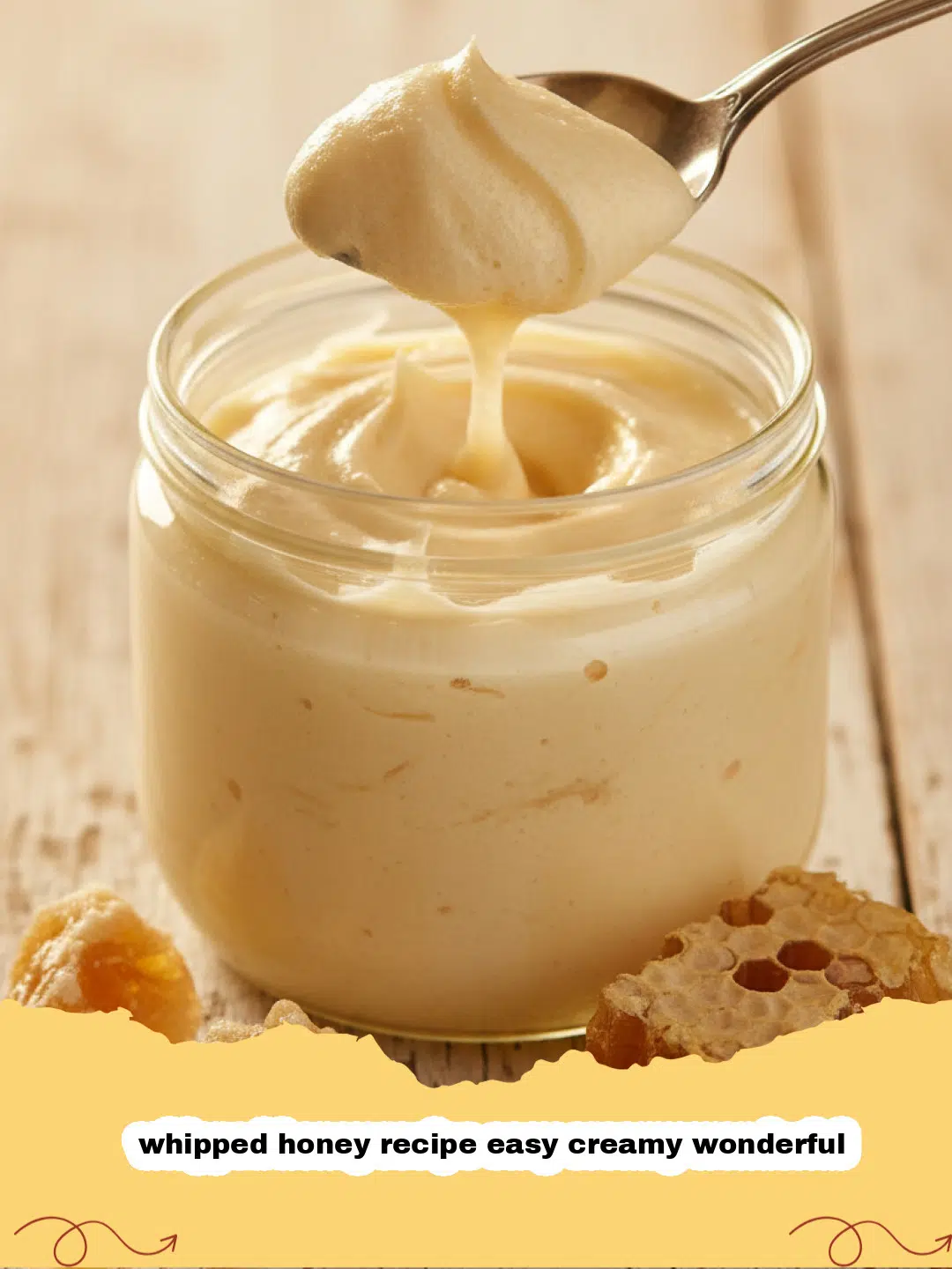 whipped honey recipe easy creamy wonderful - A jar of fluffy, light golden whipped honey on a wooden board with a honey dipper, fresh berries, and toast slices.